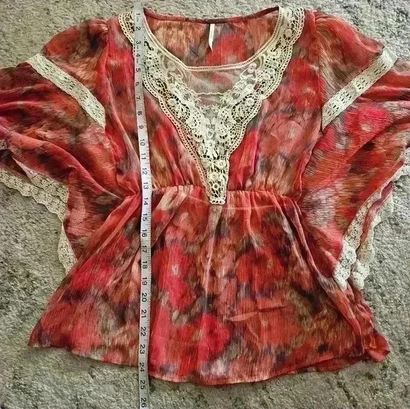 Free People Daydreamer Batwing Crotchet Lace Trim Multicolored Sheer Top S - Picture 15 of 15